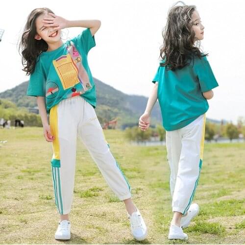 2021 autumn kid baby Girls Clothes Child short Tops t shirt news paper + striped pants teenager Tracksuit 6 8 9 10 11 12 Year