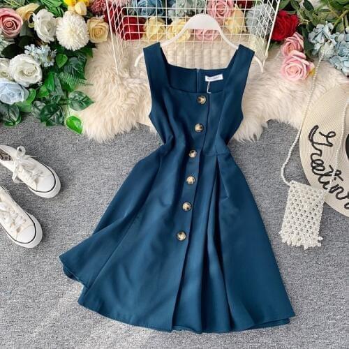 Vintage 2021 Slim Button Summer Autumn Short Dress Vestido De Festa Tank Sundress Casual Party High Waist Women A-Line Vestidos