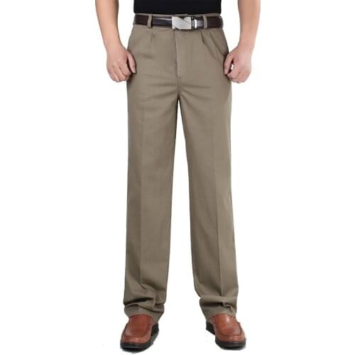 Spring Summer Thin Plus Size Men Trousers Middle-aged High Waist Loose Straight Pants Double Pleated Cotton Solid Casual Pants