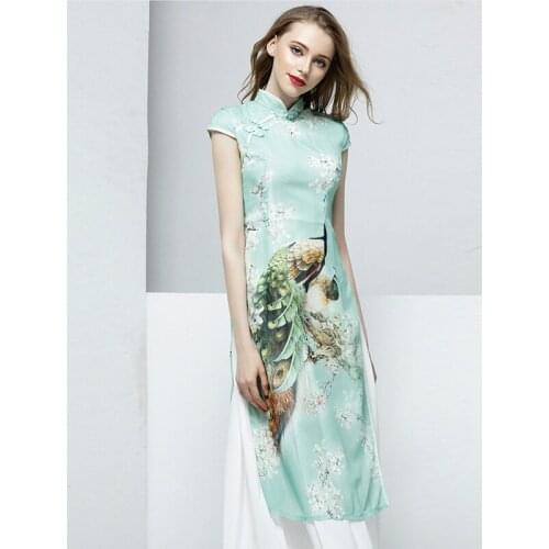 Chiffon Summer Women Dress Printed Robe Vintage Chinese Style Dresses Elegant Womens Landscape painting cheongsam Plus Size