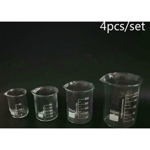 4pcs/set 25/50/100/200ml Glass Beaker For Laboratory Tests, Measuring Cup Volumetric Glassware For Lab Experiments
