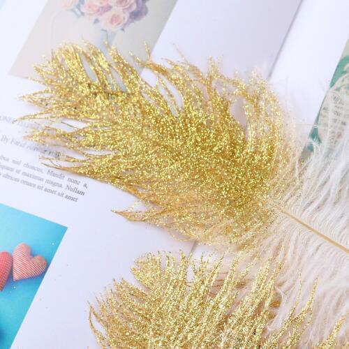10PCS/lot Spray Gold Real Ostrich Feathers 15-20CM/6-8 inches Ostrich Plume for Wedding Party Home Vase Decoration Craft Plumes