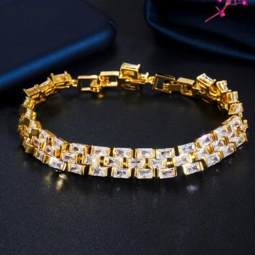 ThreeGraces Sparkling Geometric Cubic Zirconia Gold Color Wedding Bracelet Bangles for Brides New Fashion Costume Jewelry BR163