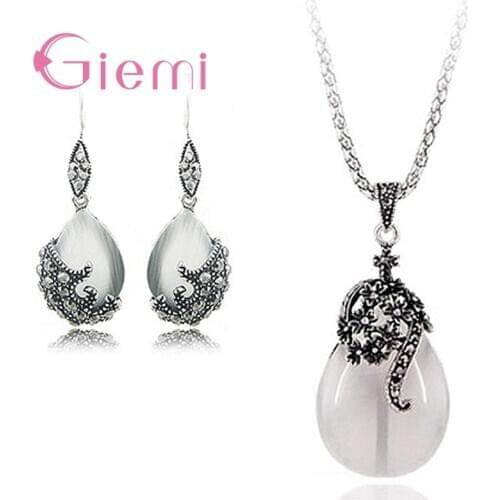 Vintage S925 Jewelry Sets For Women Fashion Water Drop Shape Cat Eye Stone Pendants Necklace Earring Set