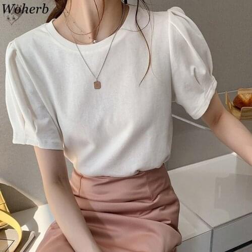 Woherb Short Puff Sleeve T-shirt Women Korean Casual O-neck Solid Tops 2021 Summer Chi All Match Tee Shirt Mujer Camisetas