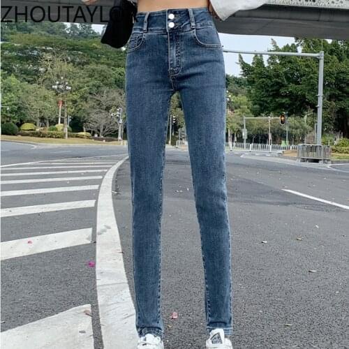 ZHOUTAYLOR Women Jeans Sweet Full Length High Waisted Button Zippers Pencil Pants Femme Autumn New Office Lady Trousers Female