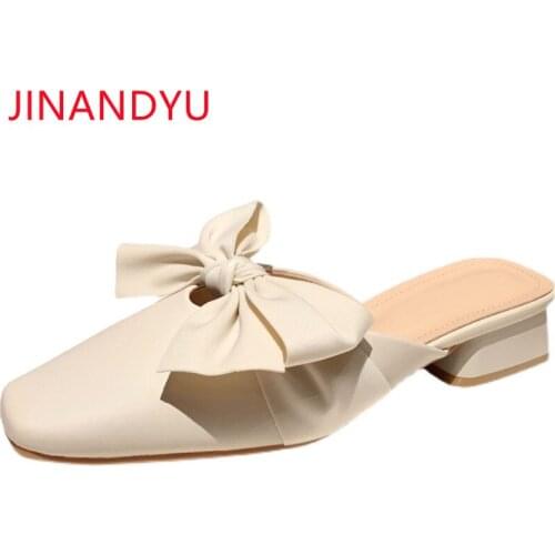 Bow Low Heels Women Summer Slippers New Shoes for Women Comfy Soft Leather Slipper Summer Woman Shoes Chunky Heels Slippers