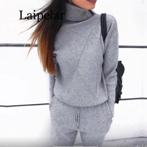 Laipelar Woman Sweater Suits Casual Knit Tracksuit Turtleneck Pullovers+pants Two Piece Sets Female Outfits