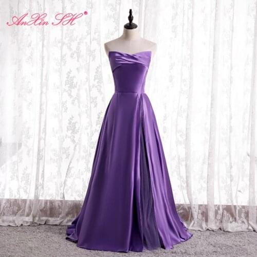 AnXin SH princess purple satin evening dress french vintage party strapless sleeveless a line violet bride host evening dress