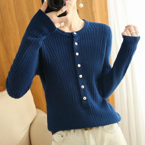 2021 new style 100% pure wool sweater women half-open round neck pullover long-sleeved thin sweater loose bottoming short top