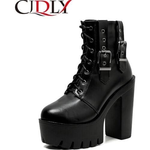CJDLY Women Gothic Ankle Boots Buckle Punk Style Platform Shoes Goth Winter Lace-up high heels Sexy Motorcycle Boots 2020