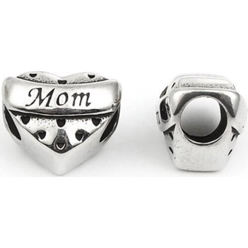 DoreenBeads 304 Stainless Steel Casting Beads Heart Silver Color Message Message " Mom " DIY Making Jewelry 15mm x 12mm, 2 PCs