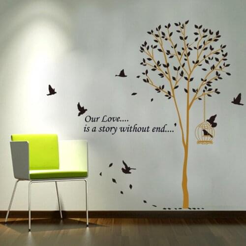 Our Love is a story Without end Tree Birds Birdcage home decor wall sticker Living room Bedroom wall decal poster mural