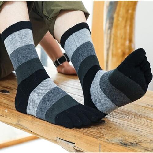 2021 New Thick Cotton Five-finger Socks Fashion Patchwork Striped Retro Harajuku Mid-tube Toe Socks Men Women Autumn Winter Sox