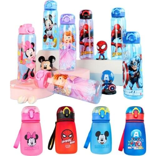 Disney Mickey Mouse Spider-Man Childrens Plastic Cup Frozen Straw Portable Drop-resistant Student Summer Baby Plastic Water Cup