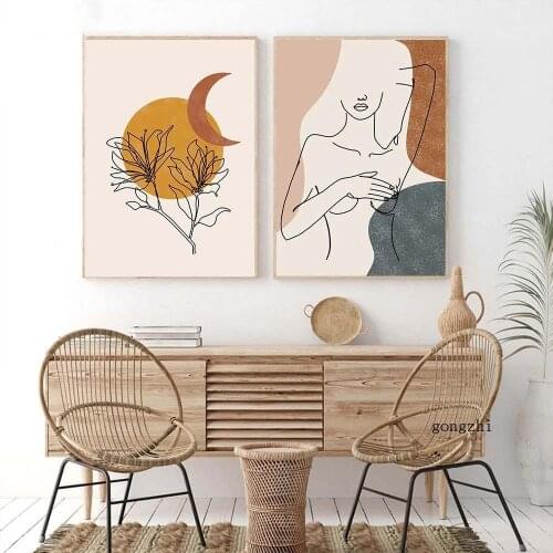 Boho Sun and Moon Abstract Woman Body Line Poster Natural Landscape Canvas Painting and Prints Wall Art Picture for Home Decor