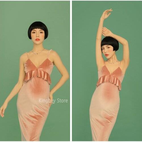 Maternity Photography Props Dresses For Pregnant Sexy V Neck Ruffle Vintage Velvet Pregnancy Women Clothes PhotoShoot Studio