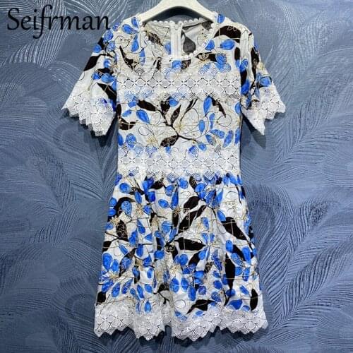 Seifrmann New 2021 Summer Women Fashion Designer Party Mini Dress Short Sleeve Lace Embroidery Elegant Print Ladies A-Line Dress