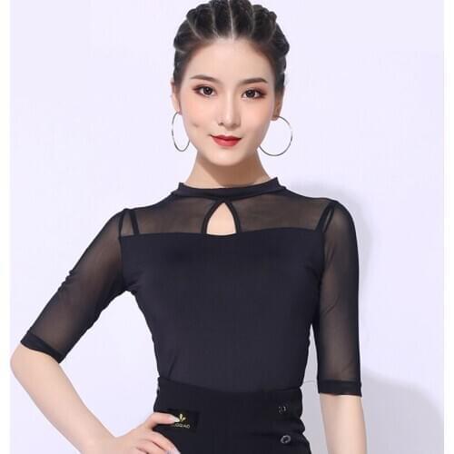 Sexy Latin Dance Performance Tops Sexy Mesh Sleeve Flamengo Ballroom Tap Dance Training Costume Rumba Cah Cha Black Top VDB1970
