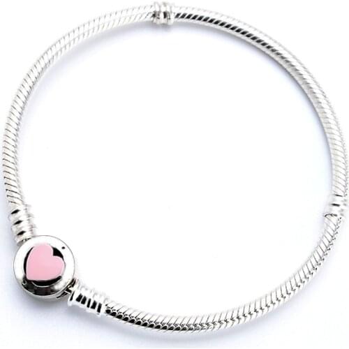 S925 silver sterling silver Pan Jia with the basic snake bone chain pink cute heart heart chain buckle bracelet base chain