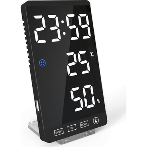 6Inch Mirror LED Alarm Clock Touch Button Digital Clock LED Time Temperature Humidity Display USB Output Port Table Clock
