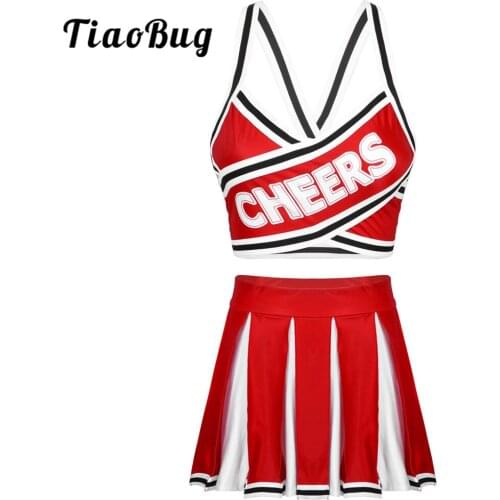 TiaoBug Women Cheerleader Uniform Stage Performance Jazz Dance Costume Elastic Shoulder Straps Crop Top with Pleated Skirt Set