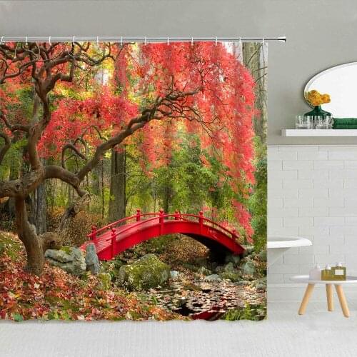 Autumn Natural Landscape Shower Curtain 3D Maple Leaves Forest Bridge River Bathroom Supplies Cloth Curtains Home Decor Washable