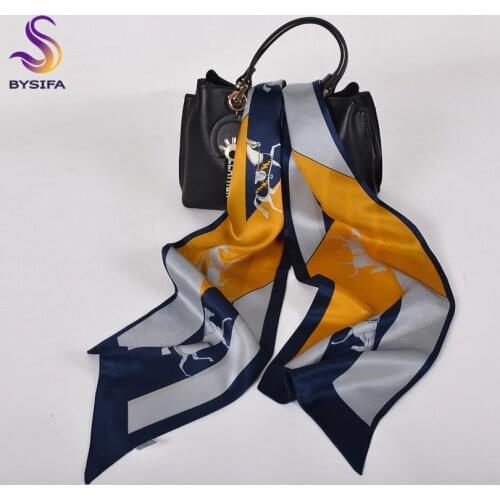 [BYSIFA] Grey Blue Pure Silk Long Scarf Ribbon Printed Fashion Women Elegant Scarves Brand Striped Neck Scarf Headband 155*16cm