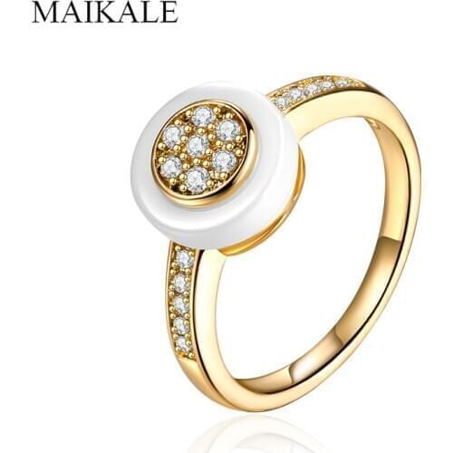 MAIKALE Luxury Cubic Zirconia Ring White Ceramic Circle Gold Color Plated Wedding Band Rings for Women Accessories Party Jewelry