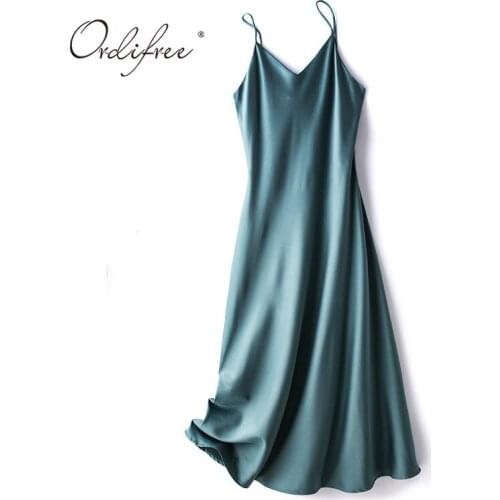 Ordifree 2021 Summer Vocation Beach Dress Elegant Women Sexy Party Dress Spaghetti Strap Silk Shiny Satin Slip Dress