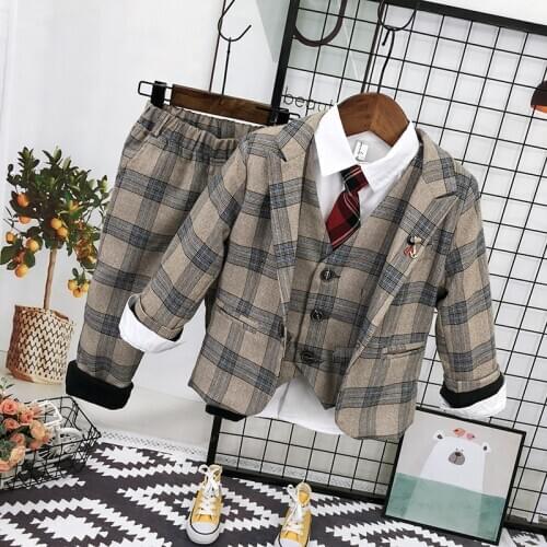 Winter New Baby Boys Blazer Suits Kids Plus Velvet Plaid Blazer Pants Vest White Shirt 4 Pcs Set Boys Wedding Suits Formal Sets