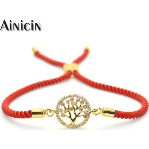 1pc Red Rope Sliding Chain Gold Plating Rhinestone Crystal Setting Life Tree Charm Adjustable Bracelets for Women Jewelry