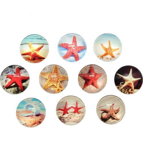 10pcs/lot New Fashion 25mm Round Mixed Beach Starfish Blue Sky DIY Glass Cabochon Mixed Patterns Fit Cameo Base Setting