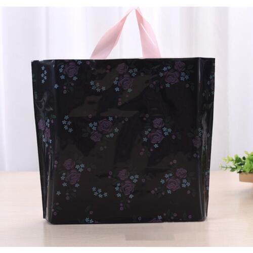 Black Clothes Gift Handle Plastic Storage Bags 33x24+6cm Rose Flower Print Plastic Shopping Packaging Christmas Bag 10pcs
