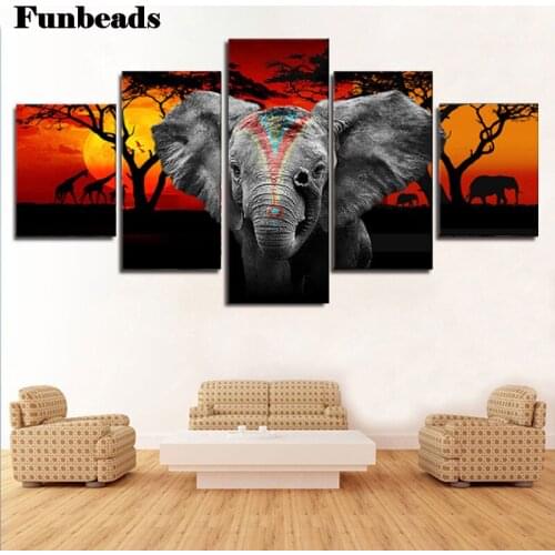 3d Diamond Embroidery,5 piece Sunset elephant landscape,full square round drill,diy 5d diamond painting cross stitch kits FF906