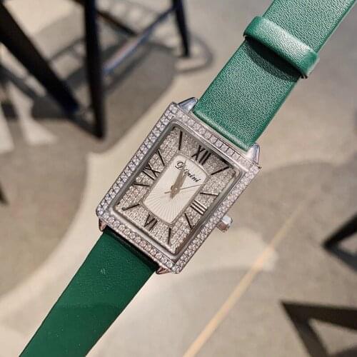 Elegant Silver Square Watches for Women Business Dress Wrist watch Waterproof Genuine Leather Watch Quartz Full Crystals Clocks