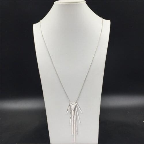 Vintage Silver Color Plating Hammered Effect Stick Long Necklace For Women Parthia Style Casual Elegant Jewelry Accessory