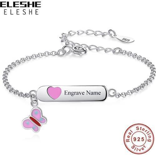 ELESHE Custom Name Pink Enamel Butterfly Heart Bracelet 925 Sterling Silver Chain Bracelets for Girls Kids Personalized Jewelry