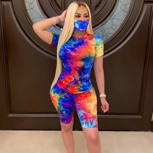 Imcute Women Tie Dye Sports Clothing Sets Lady Pullover Short Sleeve O Neck T Shirt Top + High Waist Knee Length Shorts NO Mask