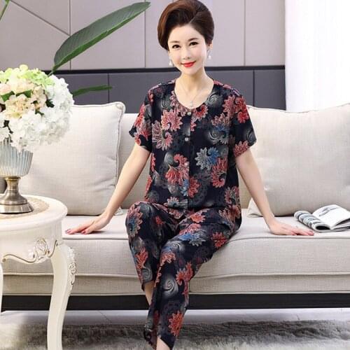 Summer Middle-Aged Elderly Mother Cotton Sleep Top Short Sleeve Printed Button Women Pajamas Set Plus Size Comfortable Homewear