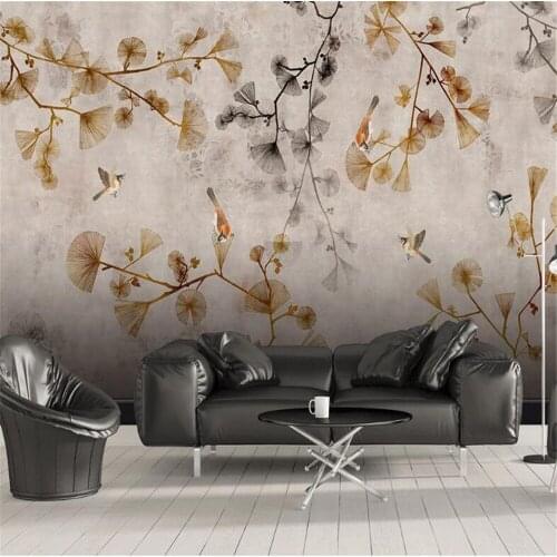 Milofi custom large mural wallpaper new Chinese retro hand-painted ginkgo leaf TV sofa background wall decoration painting photo