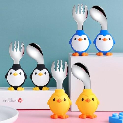 Cartoon Baby Spoon Fork Tableware Baby Children Eating Training Fork Spoon 316L Penguin Stainless Steel Fork Spoon Can Be Stored