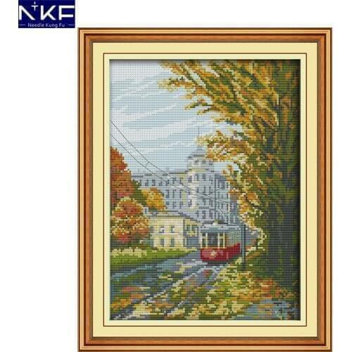 NKF Tram Counted Cross Stitch 11CT 14CT Cotton Cross Stitch Sets Handmade Cross Stitch Kits Embroidery Needlework Home Decor