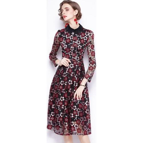 New Fashion Runway Summer Dress Women Long Sleeve Flower Embroidery Lace Vintage Dresses Ladies Midi Dress Vestido K6380