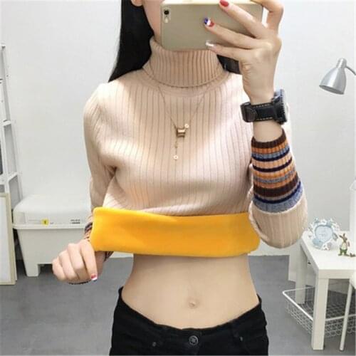 Autumn Winter Warm Plus Velvet Fashion Turtleneck Jumper Slim Knitted Sweater Pull Femme Long-Sleeve Pullover Ladies Tops Q464