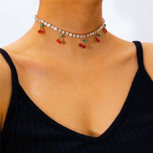 PZMYCS Charm Rhinestone Cherry Pendant Necklace for Women Statement Tennis Chain Choker Crystal Collar Girls Hip Hop Jewelry