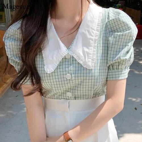 Korean Chic Vintage Plaid single-breasted Shirt Female Puff Sleeve Tops Retro Summer Women Blouses Femme Fashion Blusas 14793