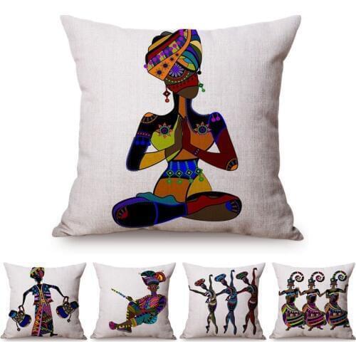 Hand Painted Africa Abstract Art Decoration Pillow Cover Colorful African Women Dancing Exotic Design Linen Sofa Cushion Cover