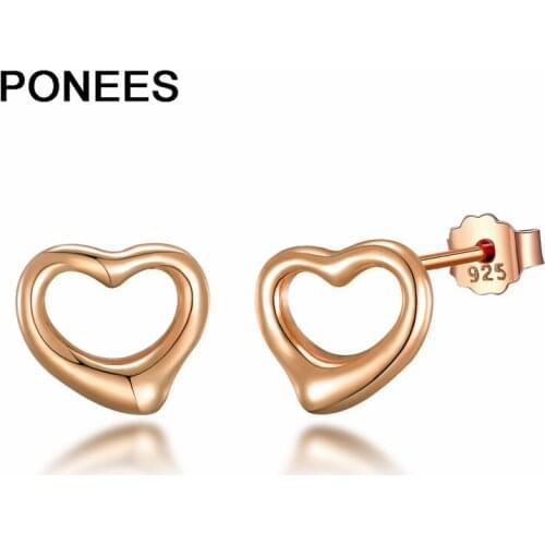 Ponees 925-Sterling-Silver Hollow Heart Stud Earrings For Women Silver Jewelry Wedding Engagement