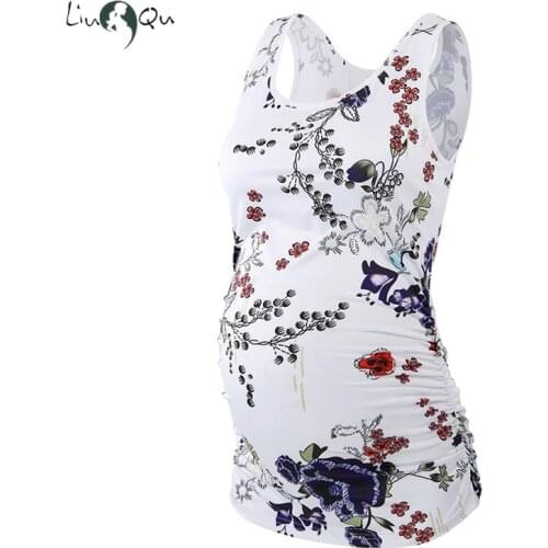 Maternity Top Sleeveless Floral Tank Tops Maternity Clothes Pregnancy T-shirt Classic Round Neck Ruched Mama Pregnant Tee